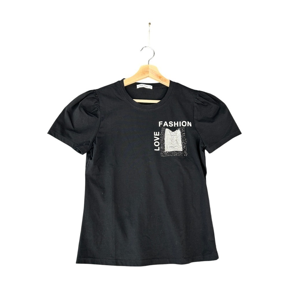 Love Fashion Black Puff‎ Sleeve Rhinestone Pocket T Shirt Women's Size L